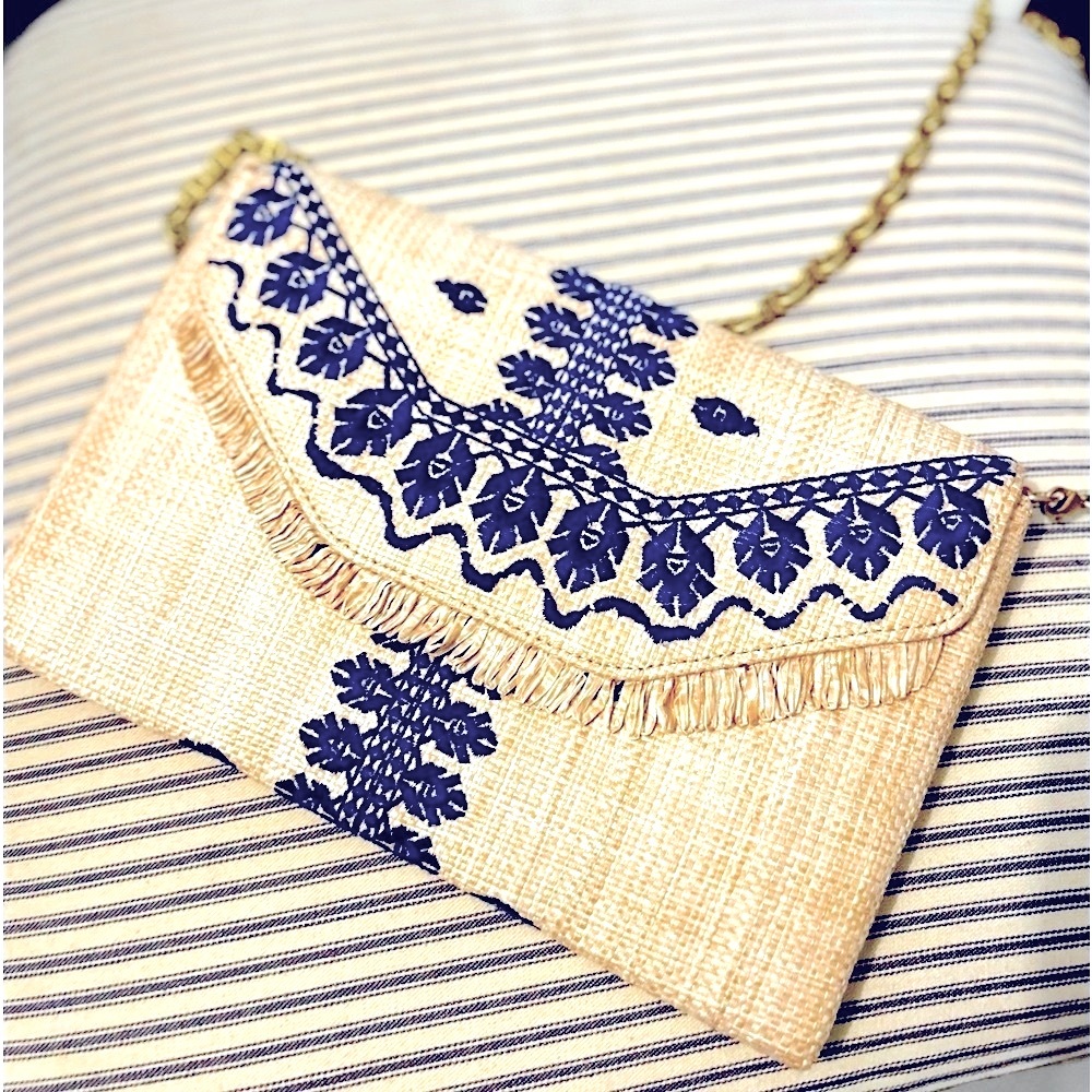 Stella and Dot clutch - rafia with blue embroidered detail - NEW
